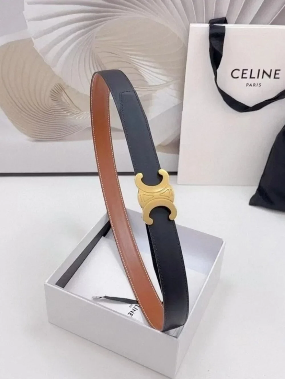 Celine Triomphe Buckle Reversible Leather Belt
